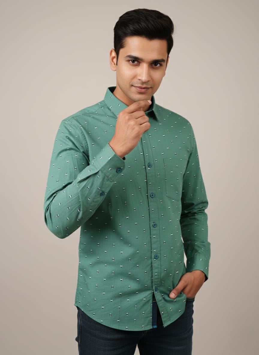 Model wearing Bazaarika men's green printed casual shirt