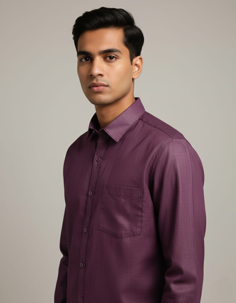 Main view of men's plum textured long sleeve shirt