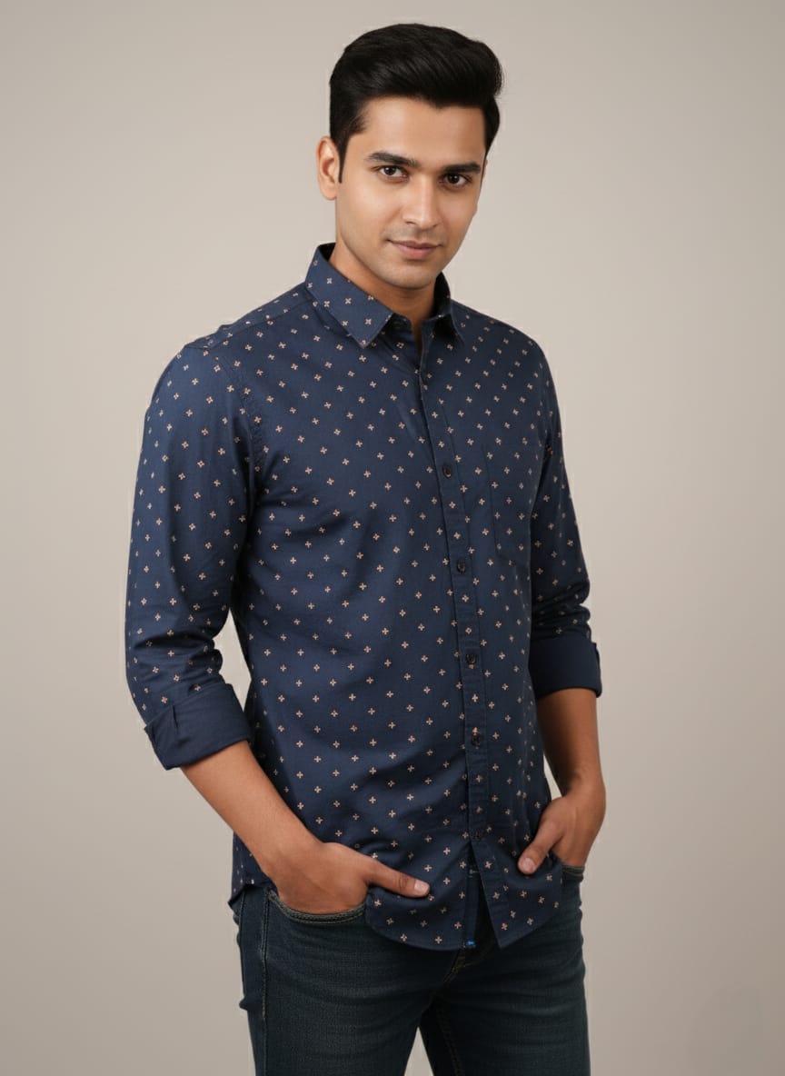 Model wearing navy blue geometric print men's casual shirt