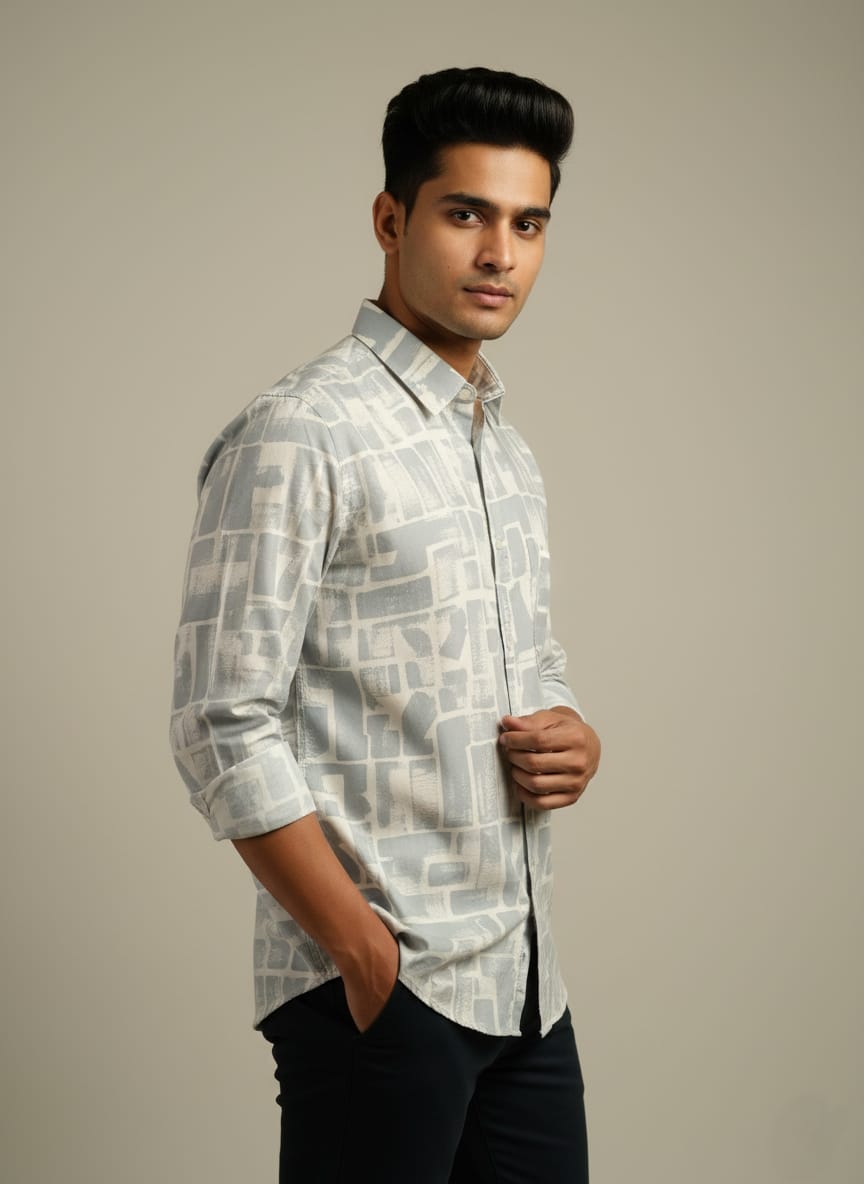 Bazaarika Abstract Pattern Full Sleeve Men's Shirt in Grey and Off-White
