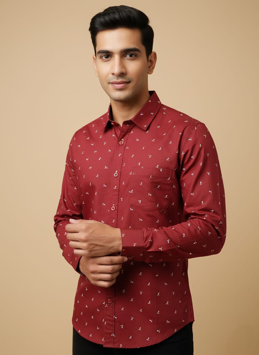 Men's Maroon Bird Print Long Sleeve Casual Shirt