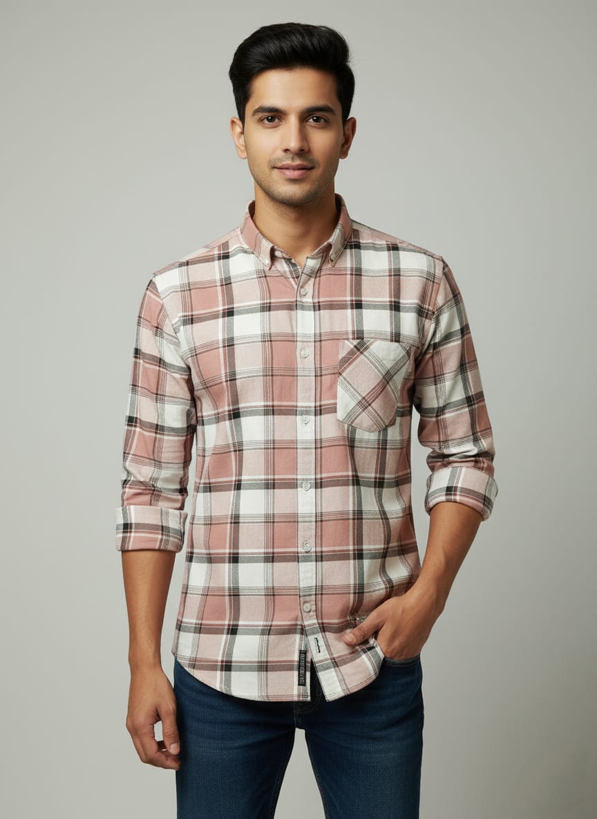 Men's Pink Plaid Button-Down Flannel Shirt