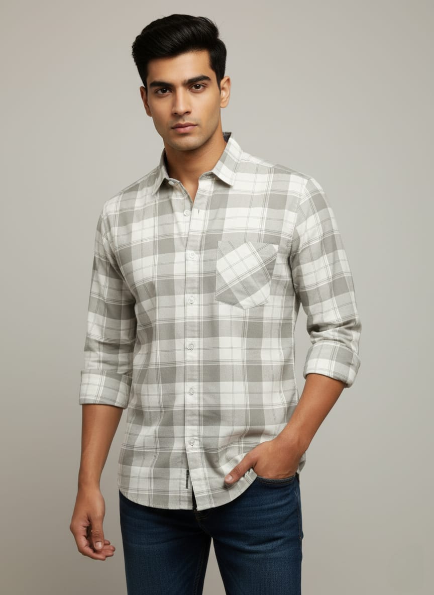 Main image of Men's Grey and White Plaid Flannel Shirt
