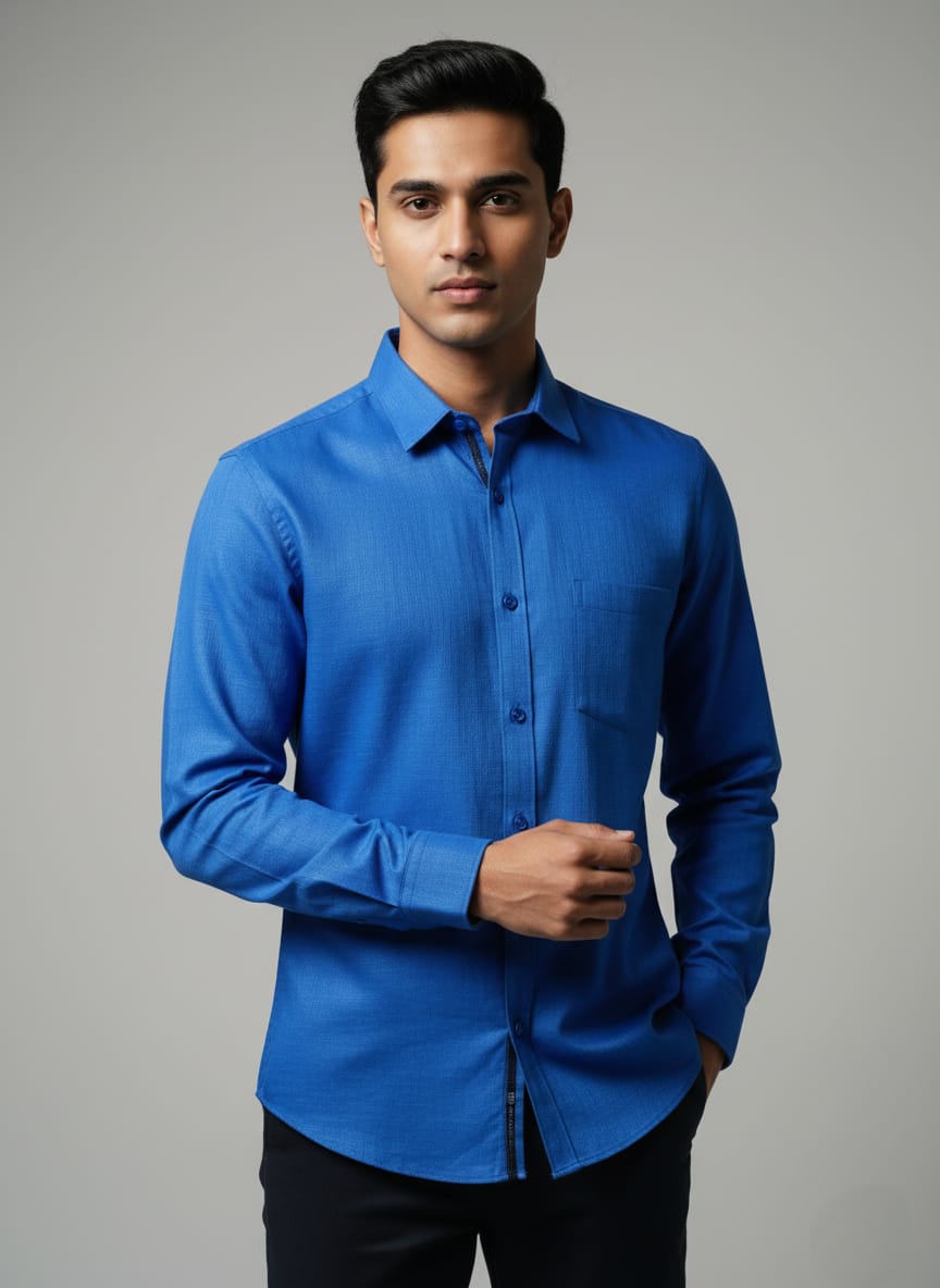 Men's blue textured long sleeve shirt
