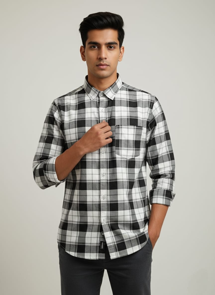 Men's Black and White Plaid Flannel Shirt