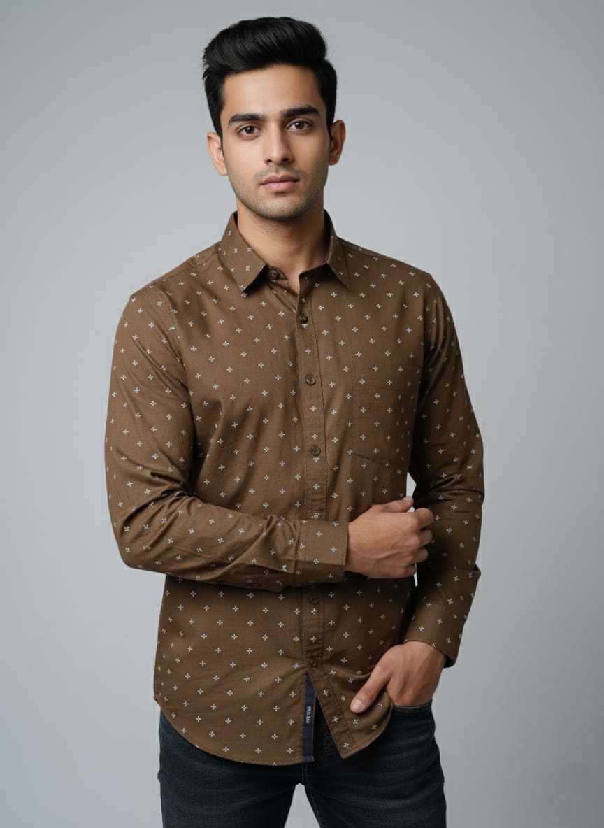Men's Brown Geometric Print Full Sleeve Shirt