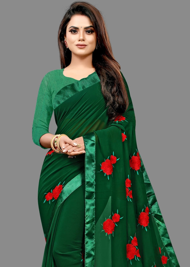 Georgette Embroidered Saree for Women (Bottle Green, 6.3 m) - Bazaarika