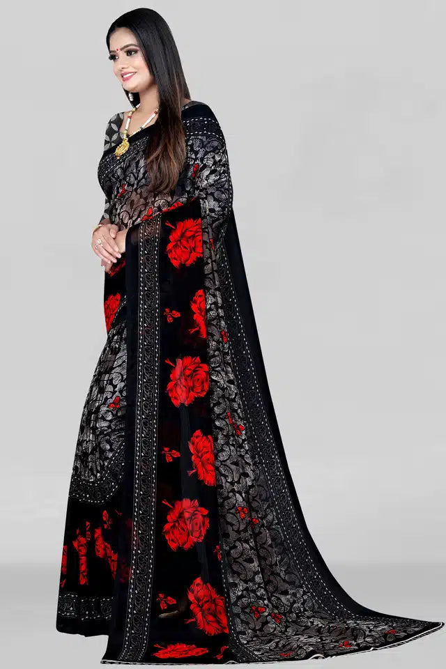 Printed Saree for Women (Black, 5.95 m) - Bazaarika
