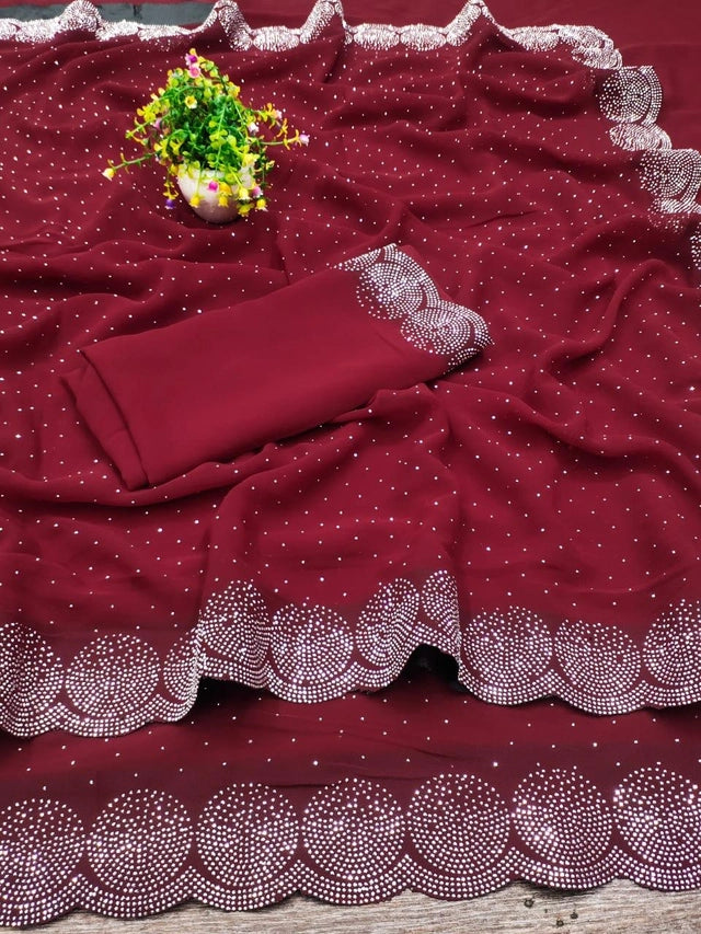 Georgette Embellished Saree for Women (Red, 6.3 m) - Bazaarika