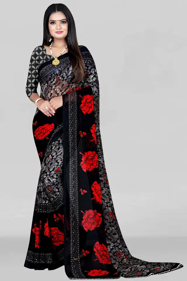 Printed Saree for Women (Black, 5.95 m) - Bazaarika