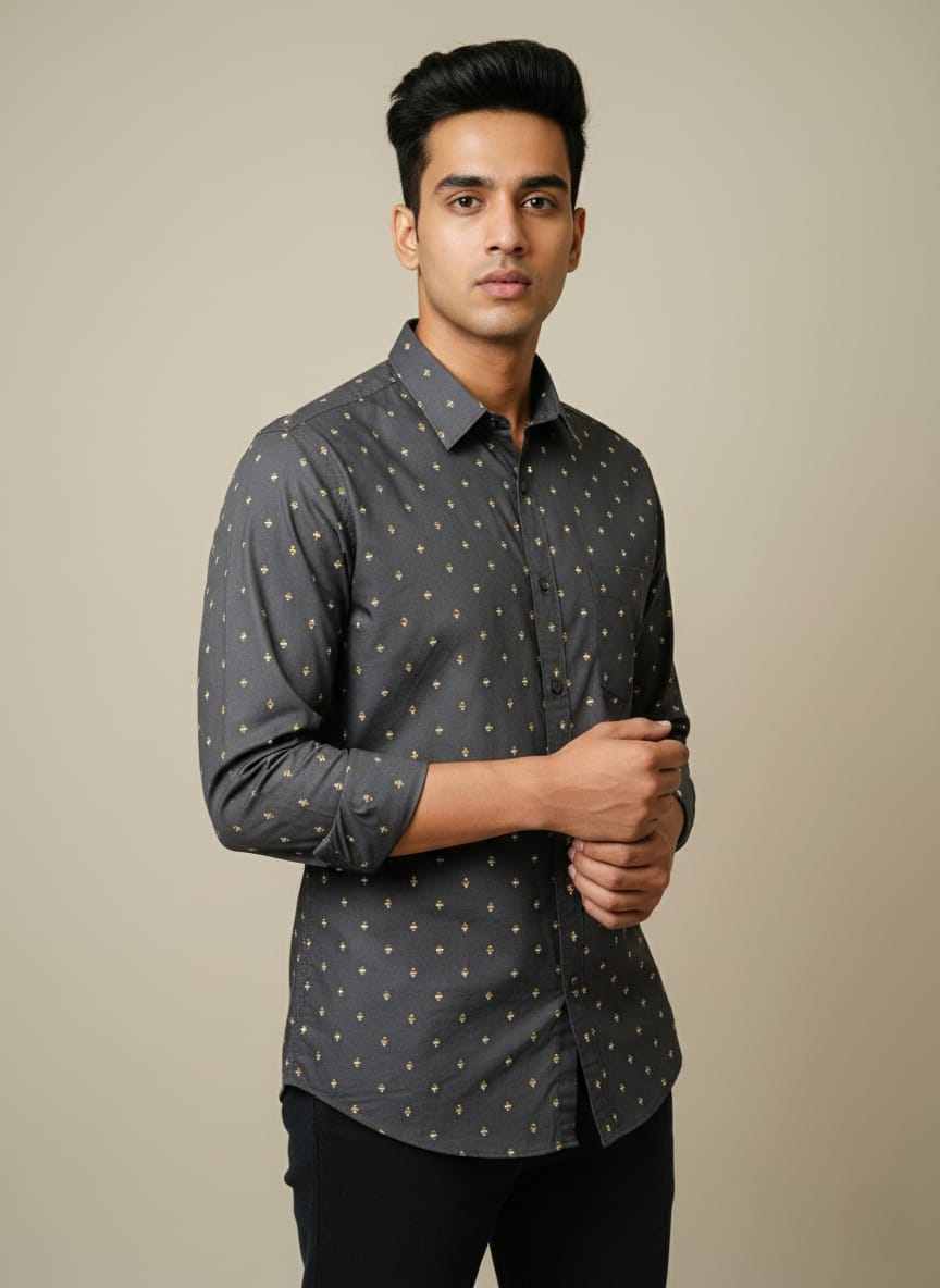 Charcoal Patterned Men's Full Sleeve Shirt