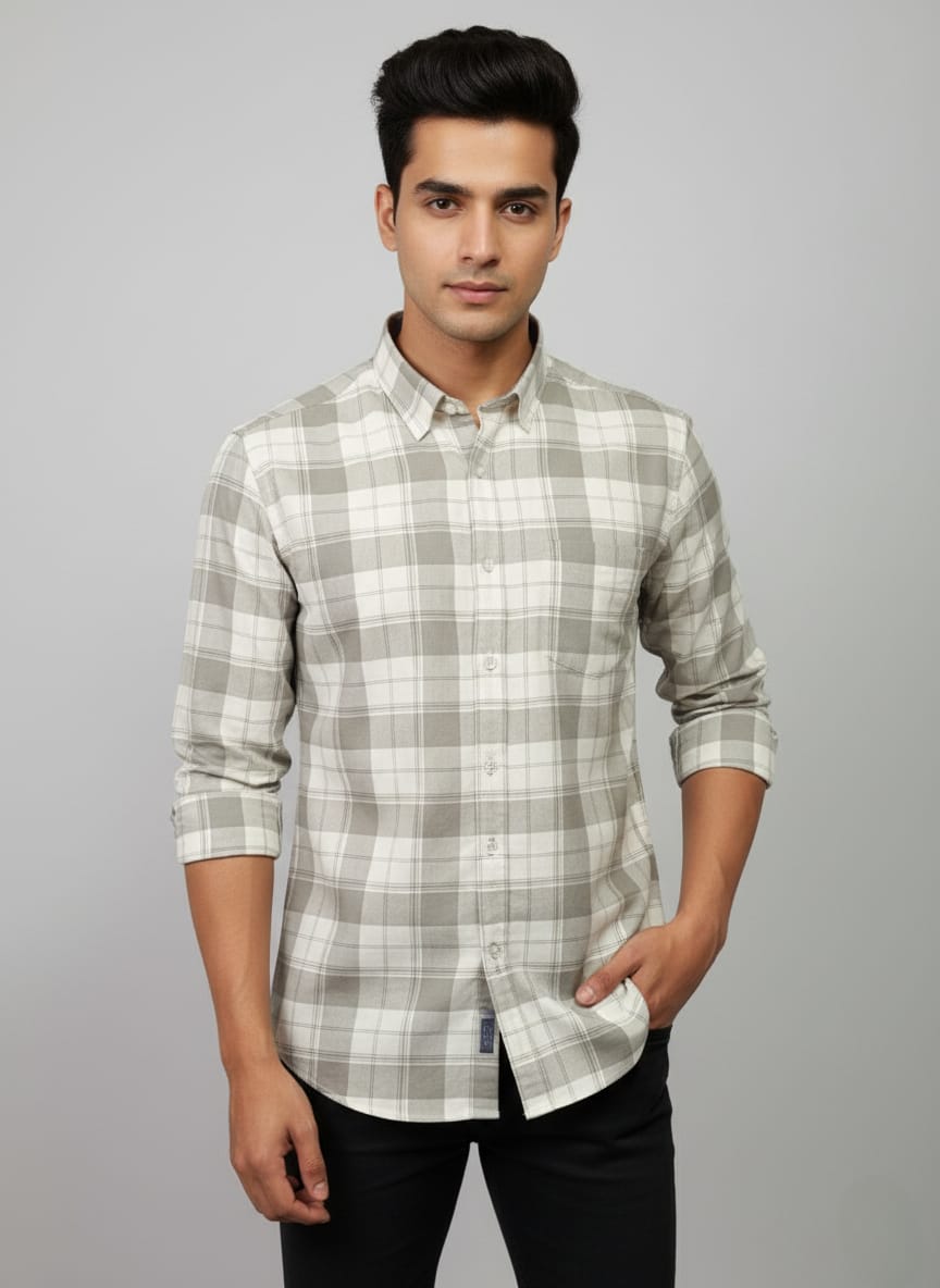 Men's Grey and White Plaid Flannel Shirt