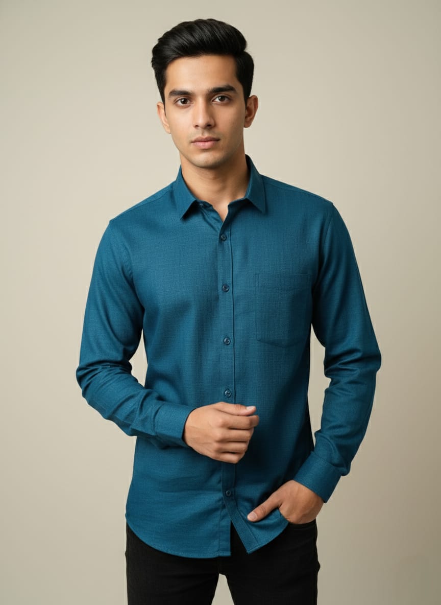 Men's Teal Textured Long Sleeve Casual Shirt