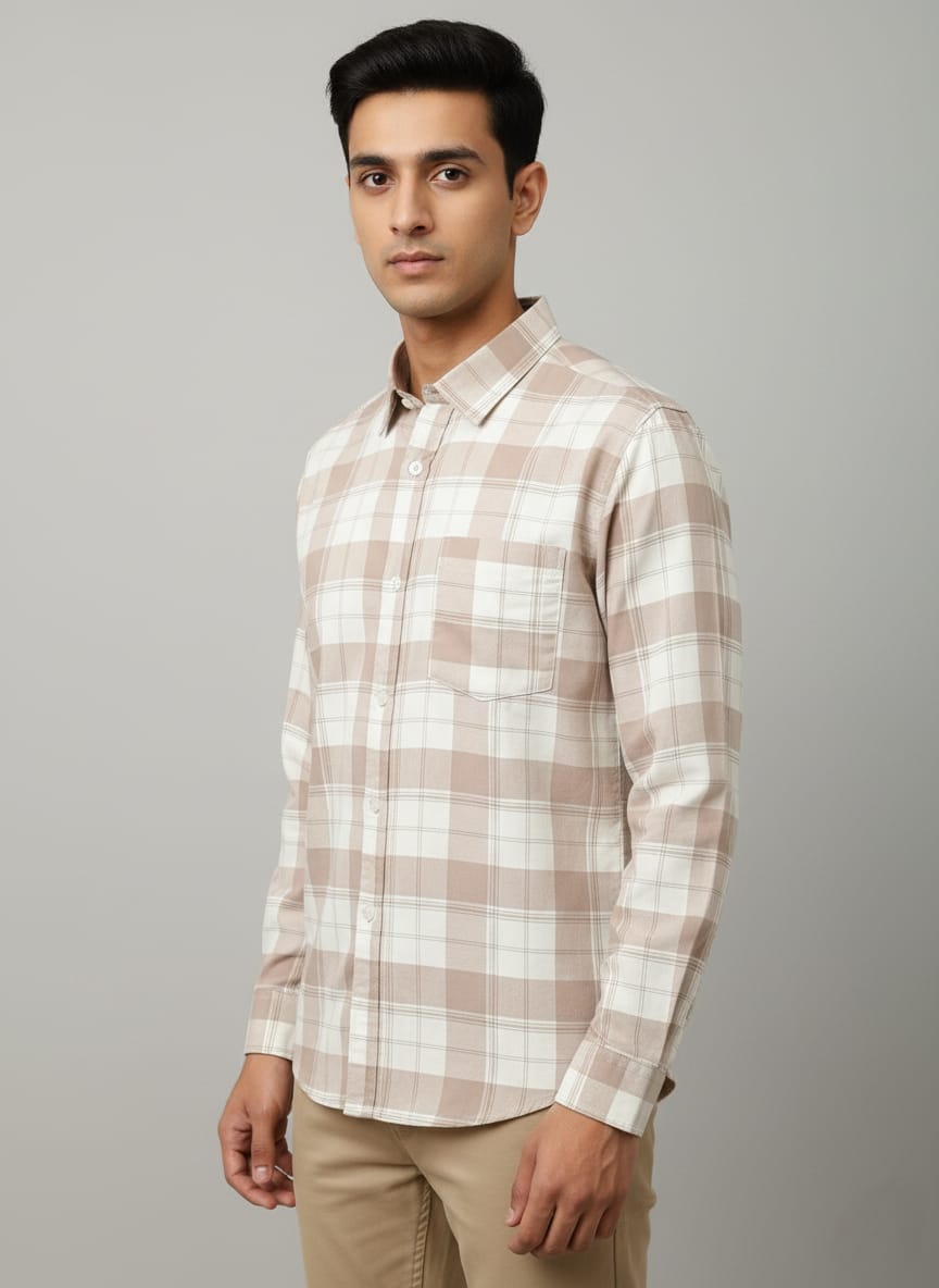 Men's Beige and White Plaid Long Sleeve Shirt