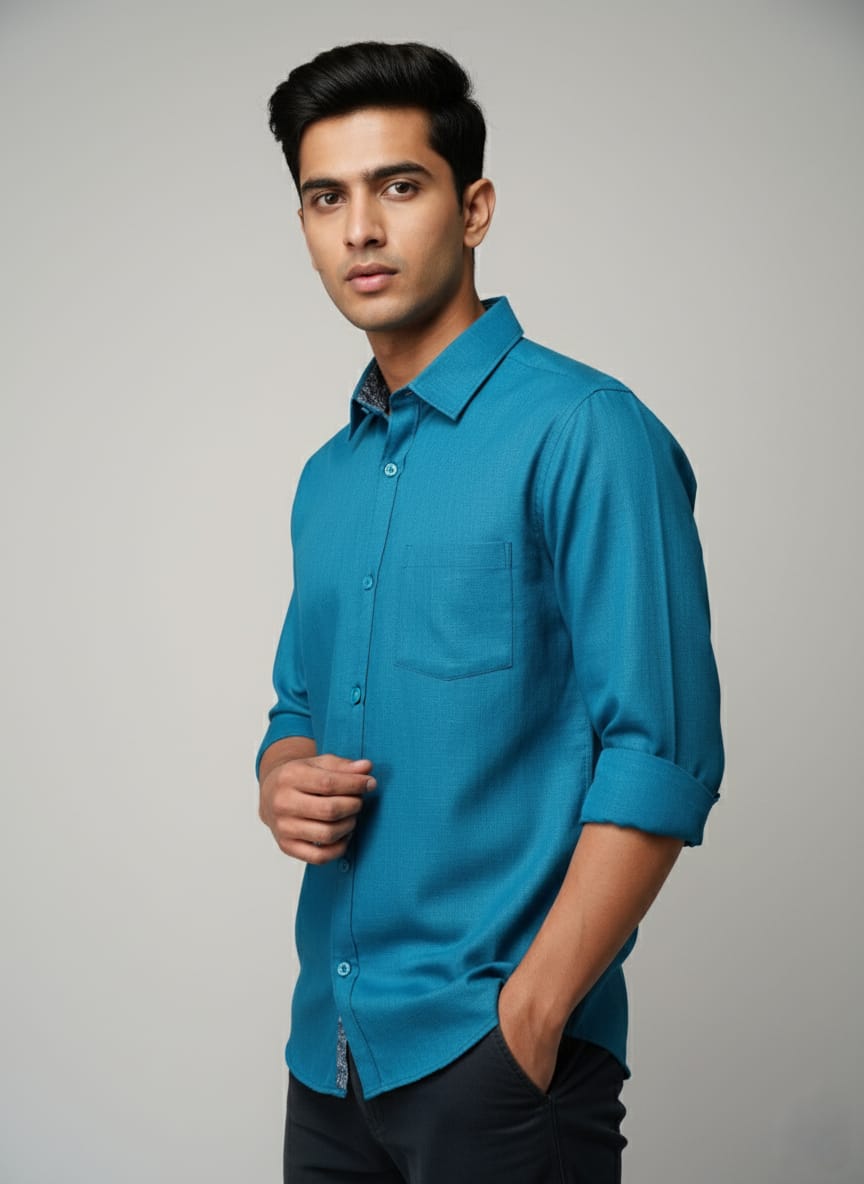Men's Textured Teal Blue Full Sleeve Shirt