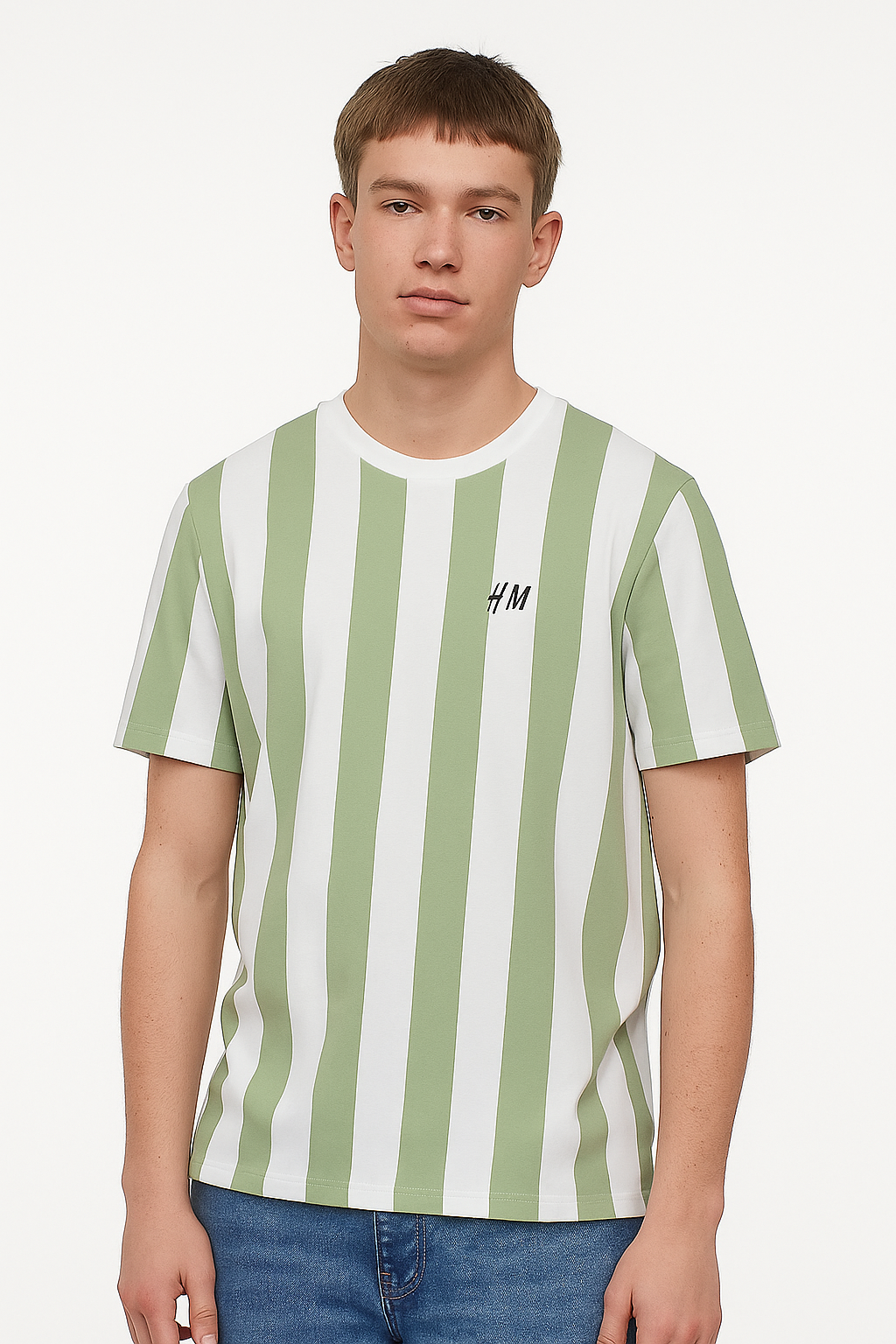 Men's Stylish Olive Green & White Vertical Striped Cotton T-Shirt – Trendy Half Sleeves - Bazaarika