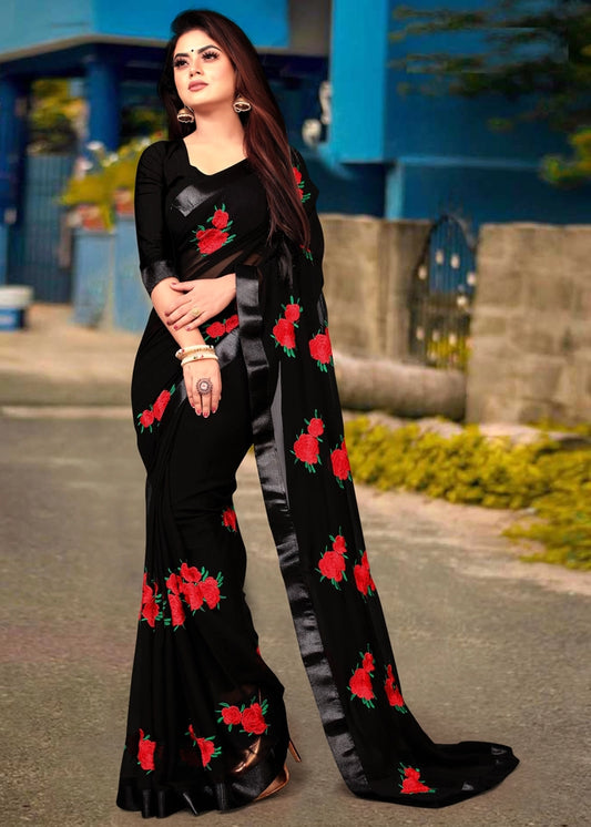 Georgette Embroidered Saree for Women (Bottle Green, 6.3 m) - Bazaarika