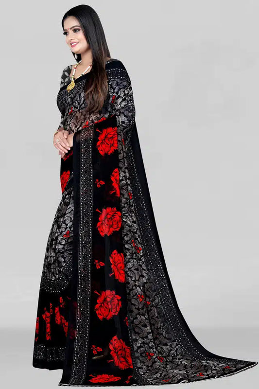 Printed Saree for Women (Black, 5.95 m) - Bazaarika