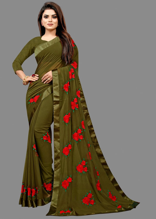 Georgette Embroidered Saree for Women (Bottle Green, 6.3 m) - Bazaarika