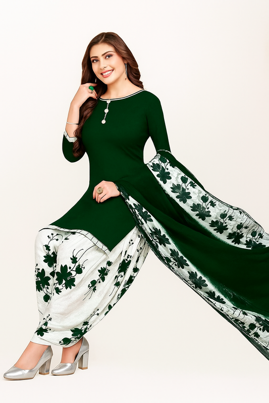 Crepe Printed Dress Material for Women & Girls (White & Green) - Bazaarika